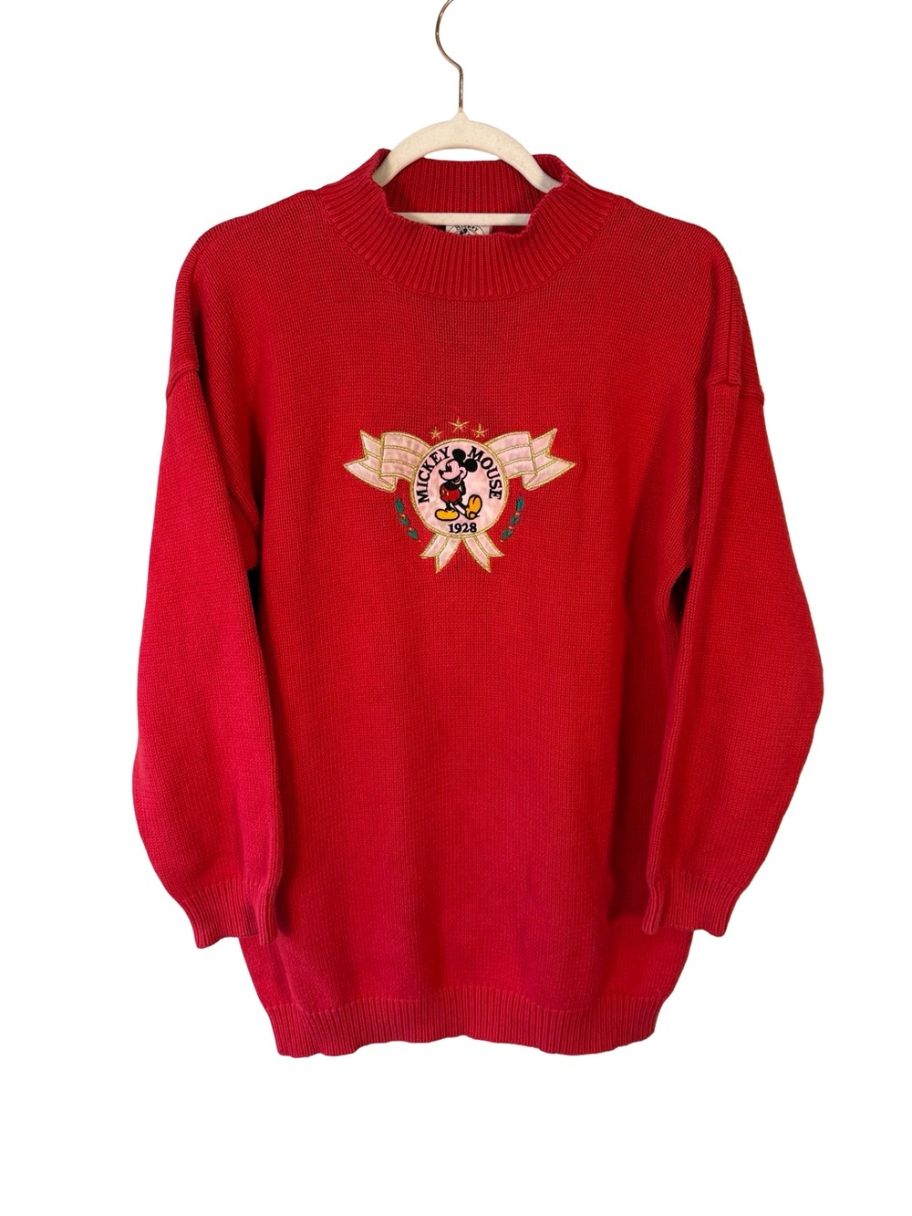 Disney Red Crewneck Sweater with Embroidered Mickey Patch Size M Unisex